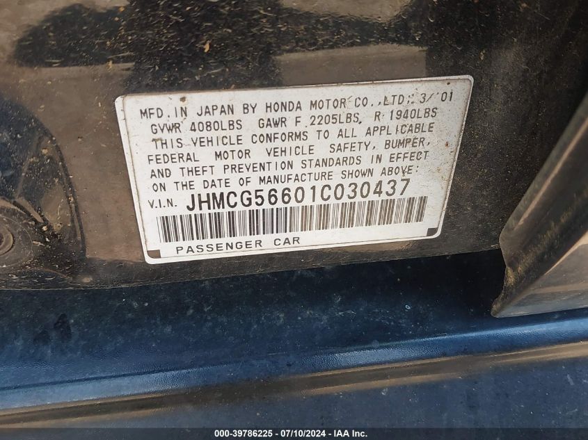 2001 Honda Accord 2.3 Ex VIN: JHMCG56601C030437 Lot: 39786225