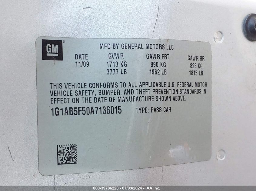 2010 Chevrolet Cobalt Ls VIN: 1G1AB5F50A7136015 Lot: 39786228