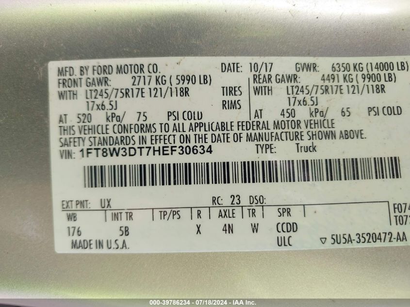 2017 Ford F-350 Lariat VIN: 1FT8W3DT7HEF30634 Lot: 39786234