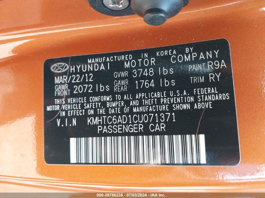 2012 Hyundai Veloster Base W/Black VIN: KMHTC6AD1CU071371 Lot: 39786235