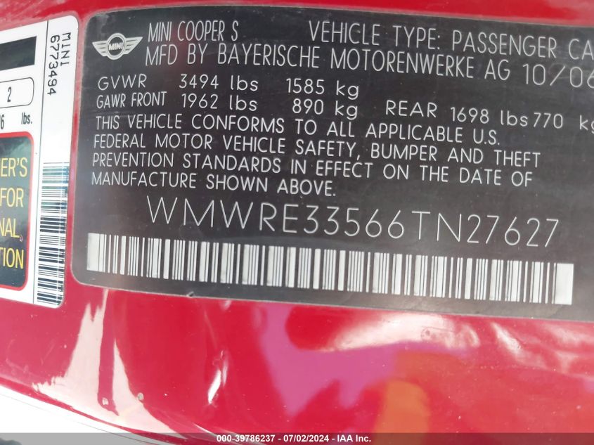 2006 Mini Cooper S S VIN: WMWRE33566TN27627 Lot: 39786237