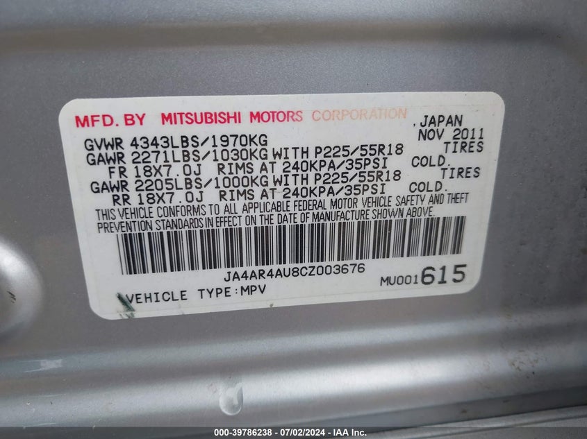 2012 Mitsubishi Outlander Sport Se VIN: JA4AR4AU8CZ003676 Lot: 39786238