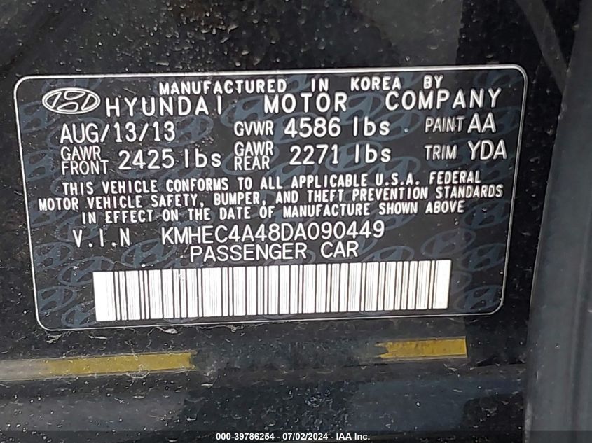 2013 Hyundai Sonata Hybrid Limited VIN: KMHEC4A48DA090449 Lot: 39786254