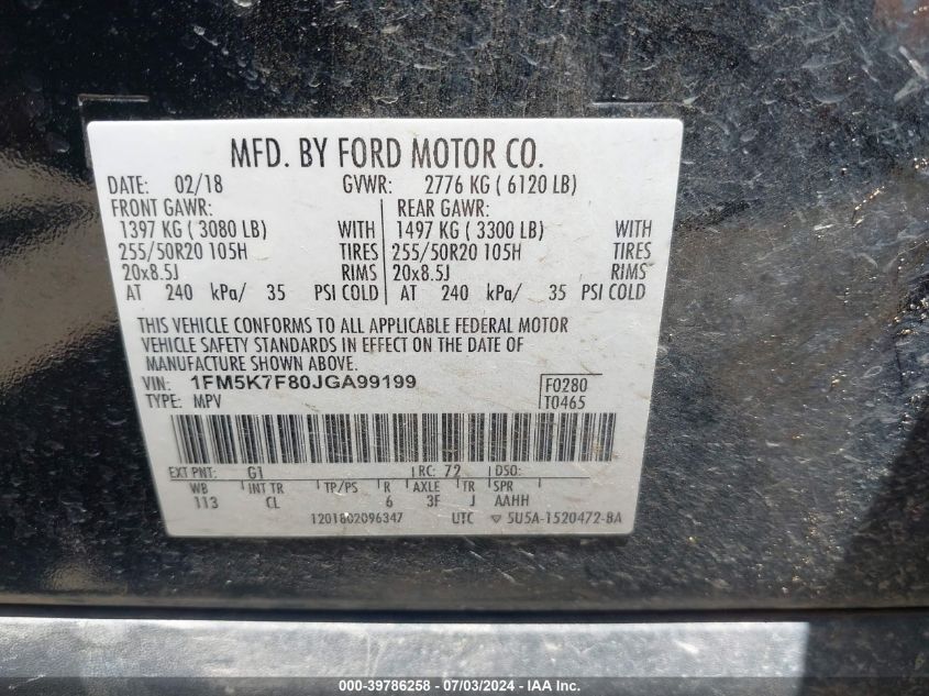 2018 Ford Explorer Limited VIN: 1FM5K7F80JGA99199 Lot: 39786258