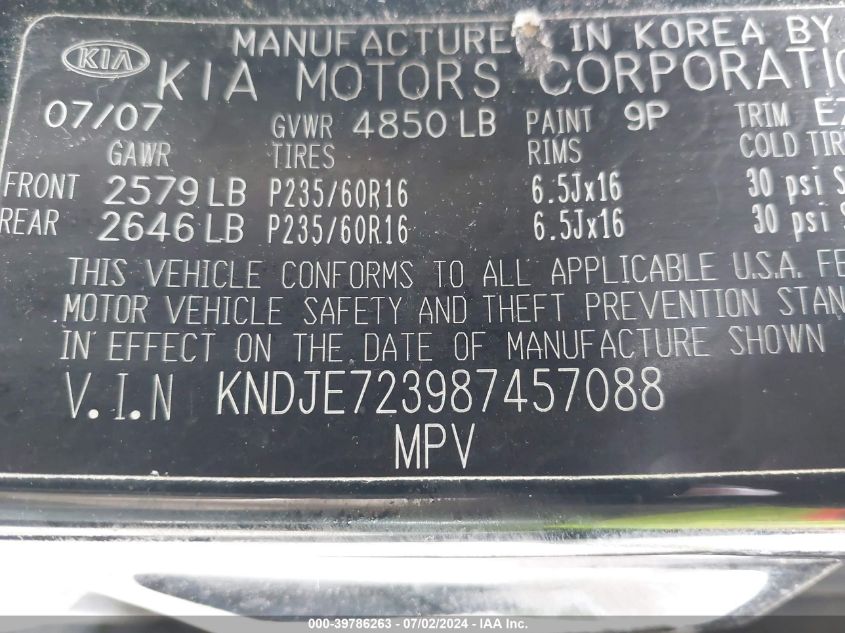 2008 Kia Sportage Ex V6 VIN: KNDJE723987457088 Lot: 39786263