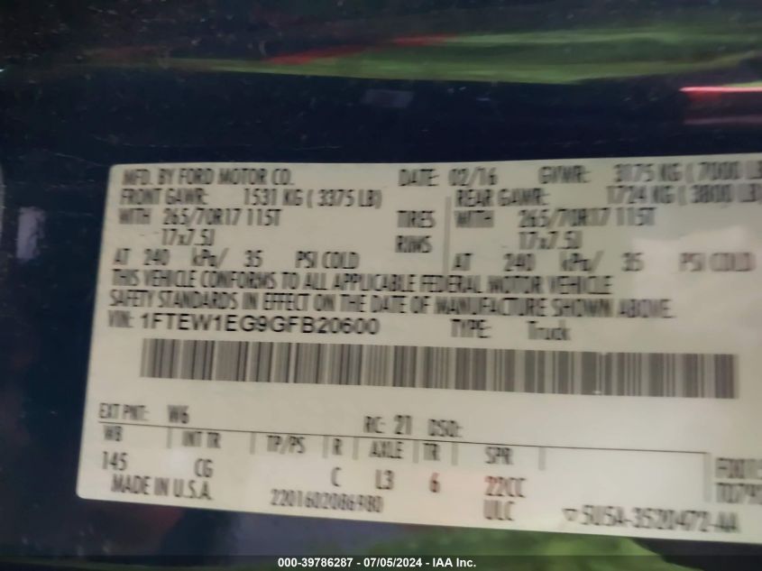 2016 Ford F-150 Xl VIN: 1FTEW1EG9GFB20600 Lot: 39786287