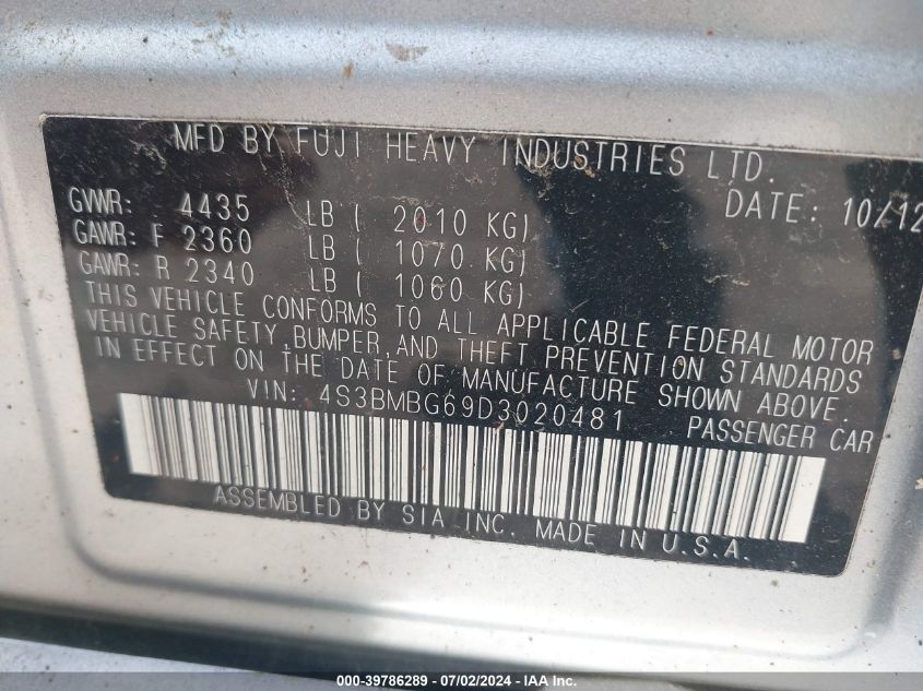 2013 Subaru Legacy 2.5I Premium VIN: 4S3BMBG69D3020481 Lot: 39786289