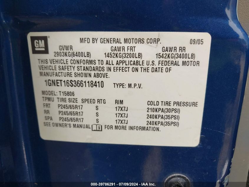 2006 Chevrolet Trailblaze Ext Ls/Ext Lt VIN: 1GNET16S366118410 Lot: 39786291