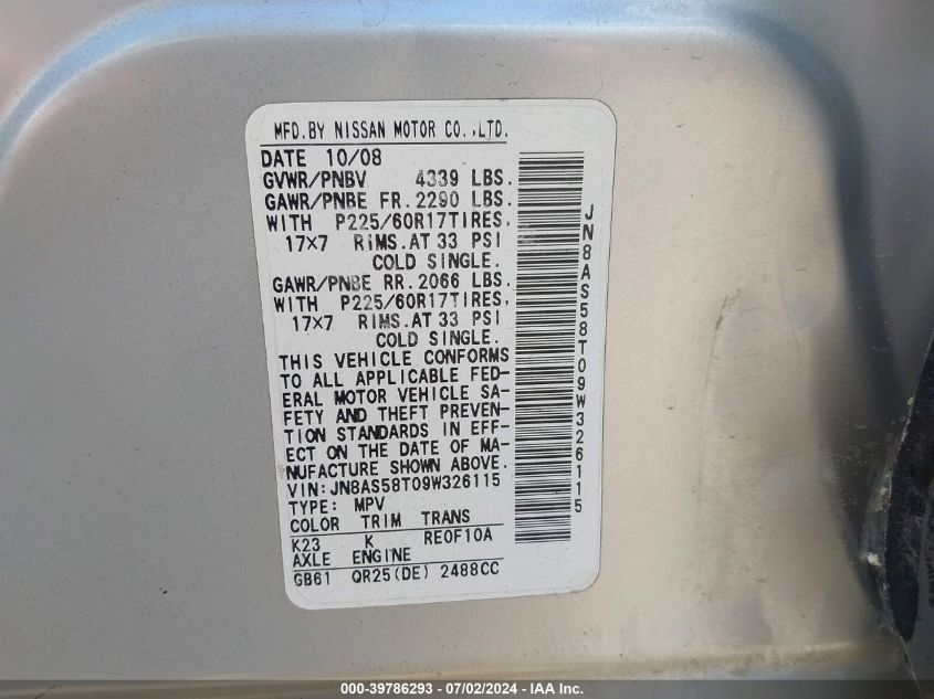 2009 Nissan Rogue Sl VIN: JN8AS58T09W326115 Lot: 39786293