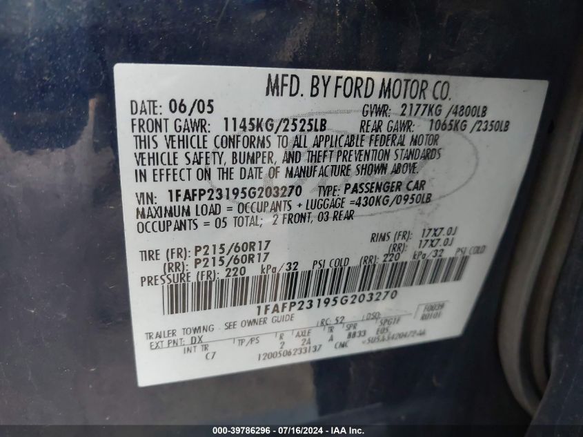 1FAFP23195G203270 2005 Ford Five Hundred Se