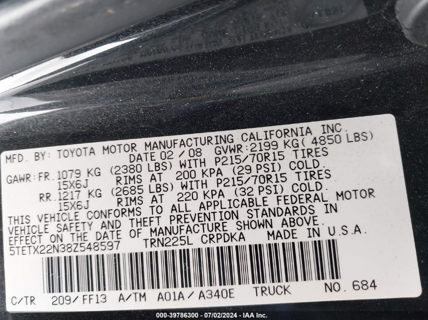 2008 Toyota Tacoma VIN: 5TETX22N38Z548597 Lot: 39786300