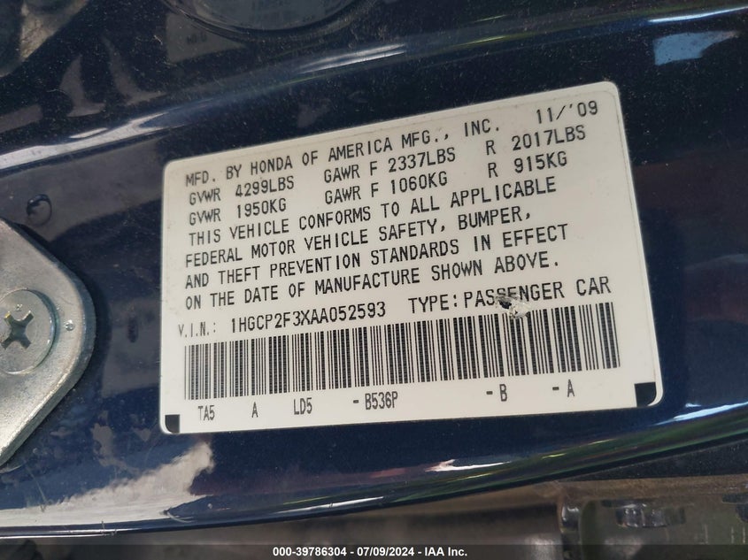 2010 Honda Accord 2.4 Lx VIN: 1HGCP2F3XAA052593 Lot: 39786304