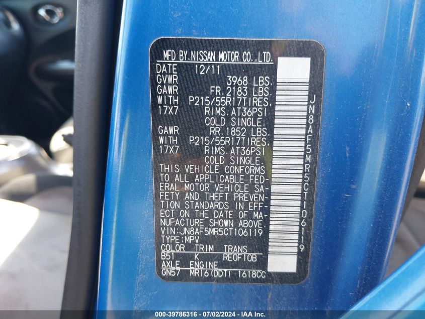 2012 Nissan Juke Sv VIN: JN8AF5MR5CT106119 Lot: 39786316