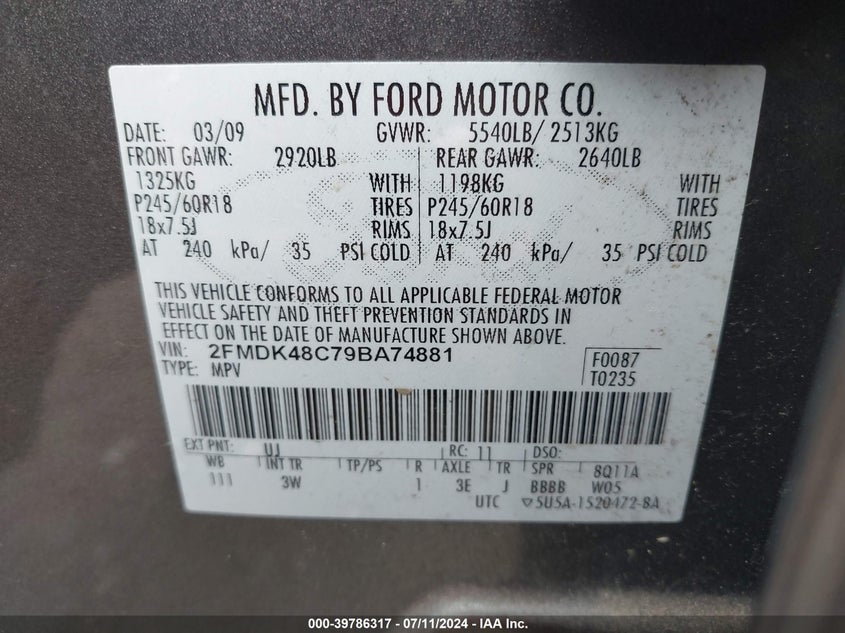 2009 Ford Edge Sel VIN: 2FMDK48C79BA74881 Lot: 39786317