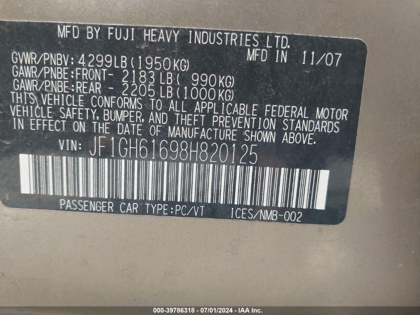 2008 Subaru Impreza 2.5I VIN: JF1GH61698H820125 Lot: 39786318