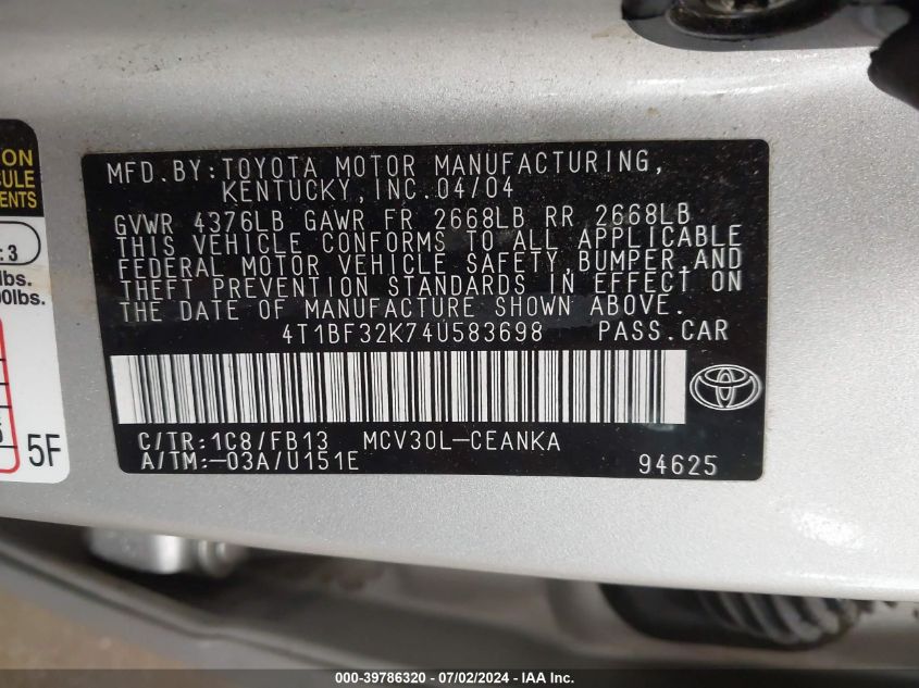 2004 Toyota Camry Le V6 VIN: 4T1BF32K74U583698 Lot: 39786320