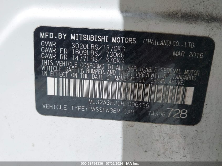 2017 Mitsubishi Mirage Es VIN: ML32A3HJ1HH006426 Lot: 39786336