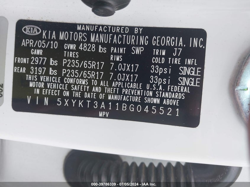 2011 Kia Sorento Lx VIN: 5XYKT3A11BG045521 Lot: 39786339