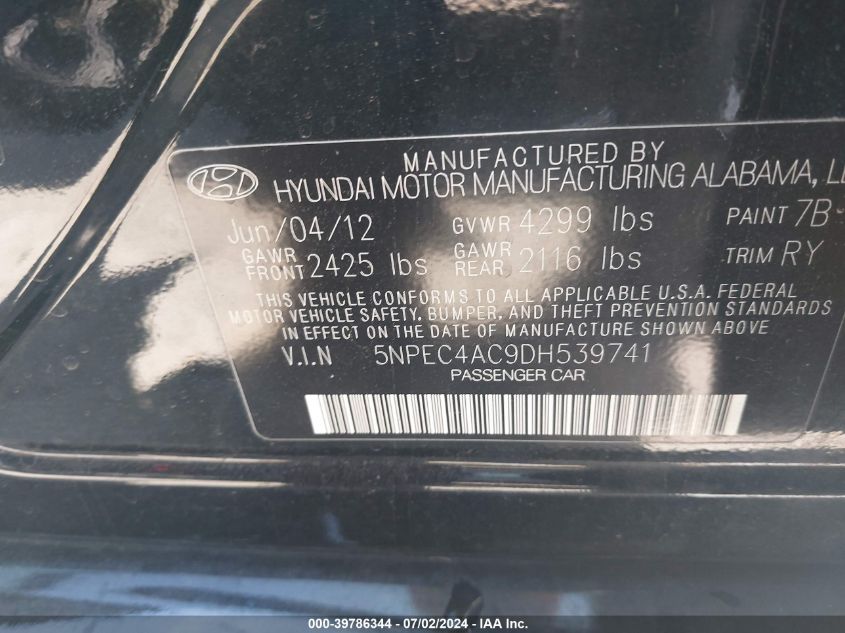 2013 Hyundai Sonata Limited VIN: 5NPEC4AC9DH539741 Lot: 39786344
