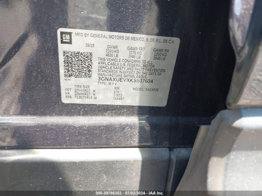 2019 Chevrolet Equinox Lt VIN: 3GNAXUEVXKS537604 Lot: 39786352