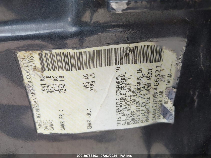 2009 Nissan Altima 2.5 S VIN: 1N4AL21E09N466521 Lot: 39786363