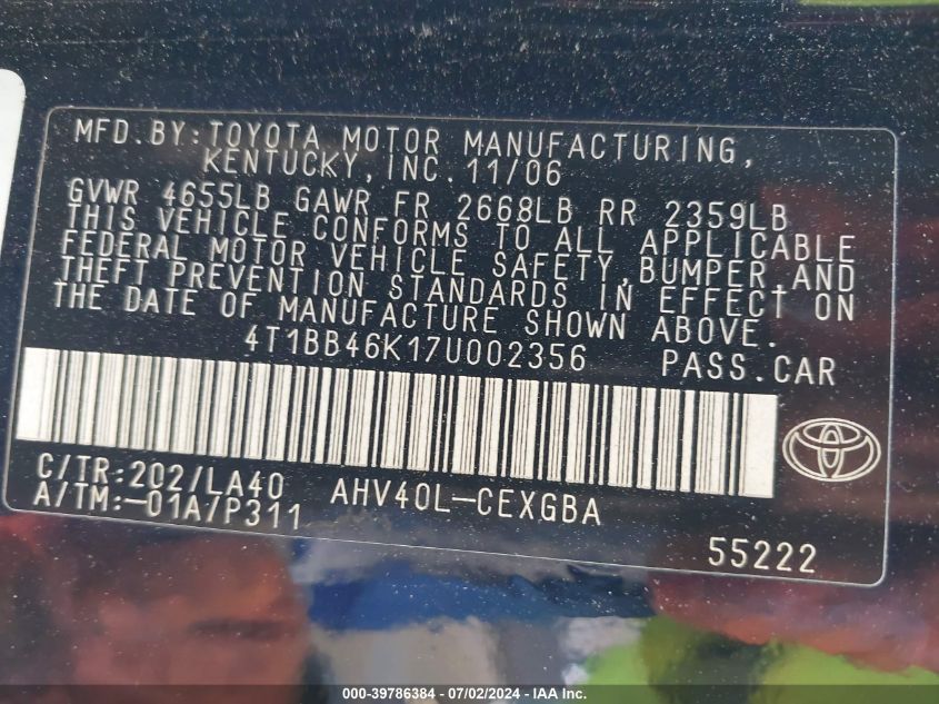 2007 Toyota Camry Hybrid VIN: 4T1BB46K17U002356 Lot: 39786384