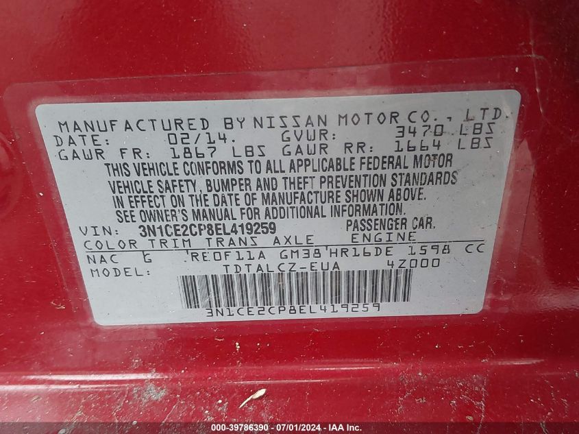 2014 Nissan Versa Note S Plus VIN: 3N1CE2CP8EL419259 Lot: 39786390