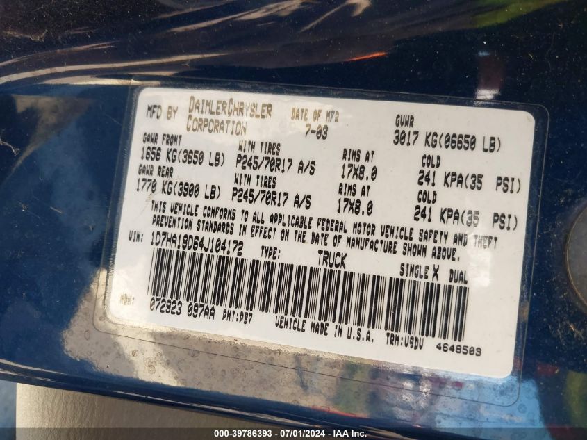 2004 Dodge Ram 1500 Slt/Laramie VIN: 1D7HA18D64J104172 Lot: 39786393
