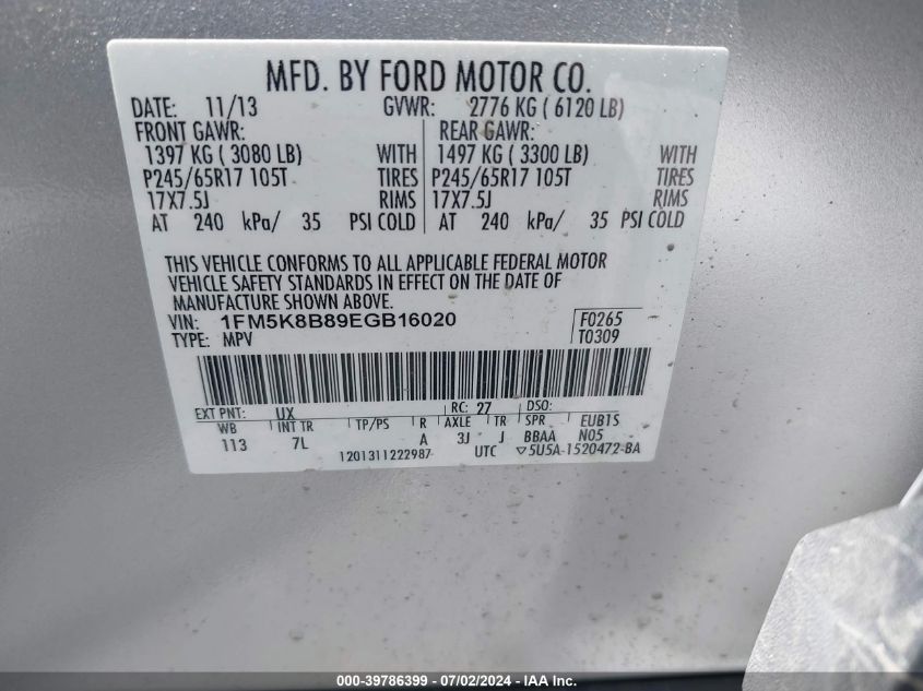 2014 Ford Explorer VIN: 1FM5K8B89EGB16020 Lot: 39786399