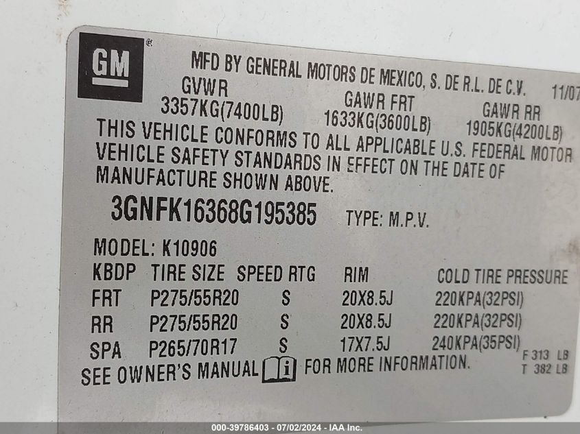 2008 Chevrolet Suburban 1500 Ltz VIN: 3GNFK16368G195385 Lot: 39786403