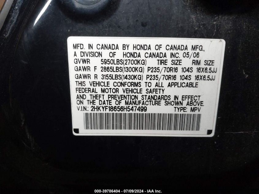 2006 Honda Pilot Ex-L VIN: 2HKYF18656H547499 Lot: 39786404