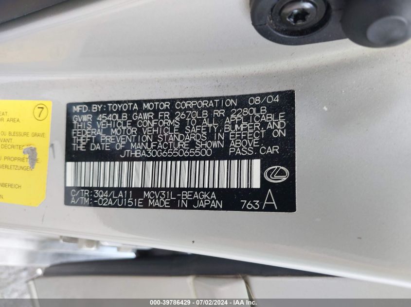 2005 Lexus Es 330 VIN: JTHBA30G655065500 Lot: 39786429