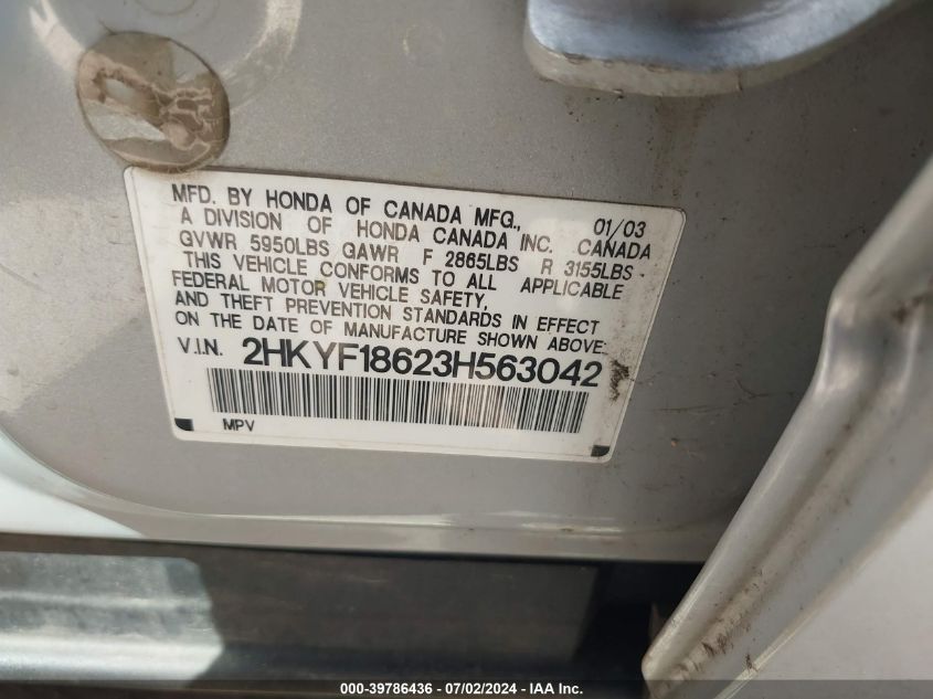 2003 Honda Pilot Ex-L VIN: 2HKYF18623H563042 Lot: 39786436
