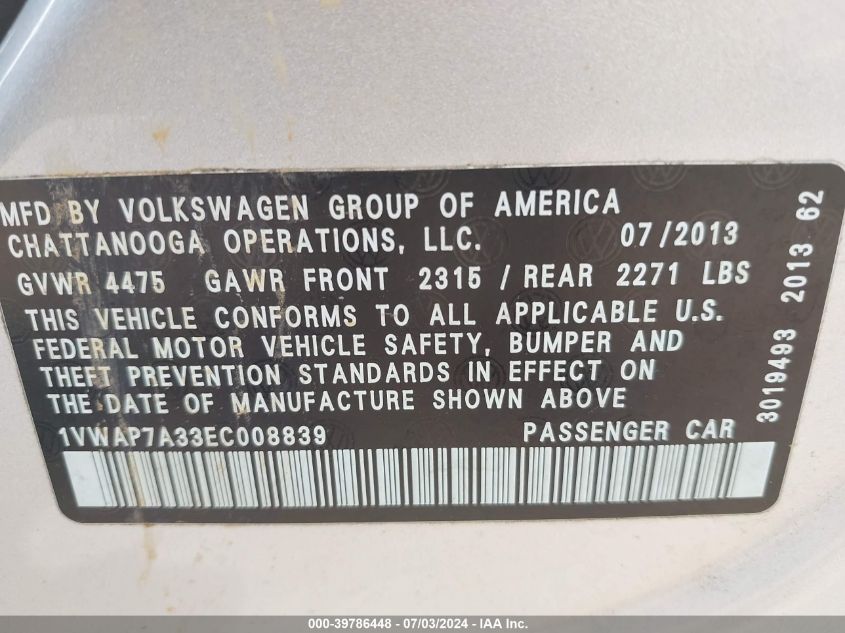 2014 Volkswagen Passat 2.5L S VIN: 1VWAP7A33EC008839 Lot: 39786448