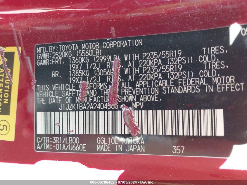 2010 Lexus Rx 350 VIN: JTJZK1BA2A2404563 Lot: 39786462