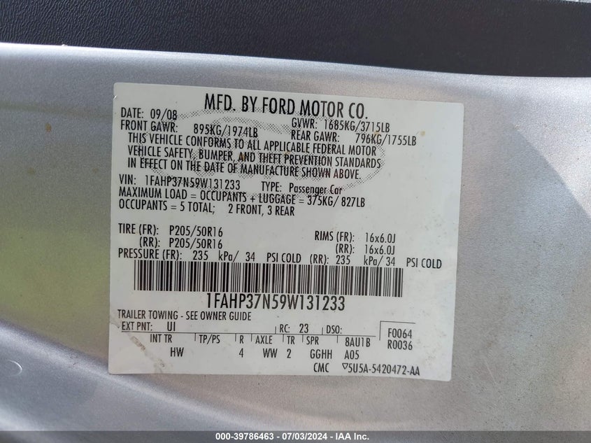 2009 Ford Focus Sel VIN: 1FAHP37N59W131233 Lot: 39786463