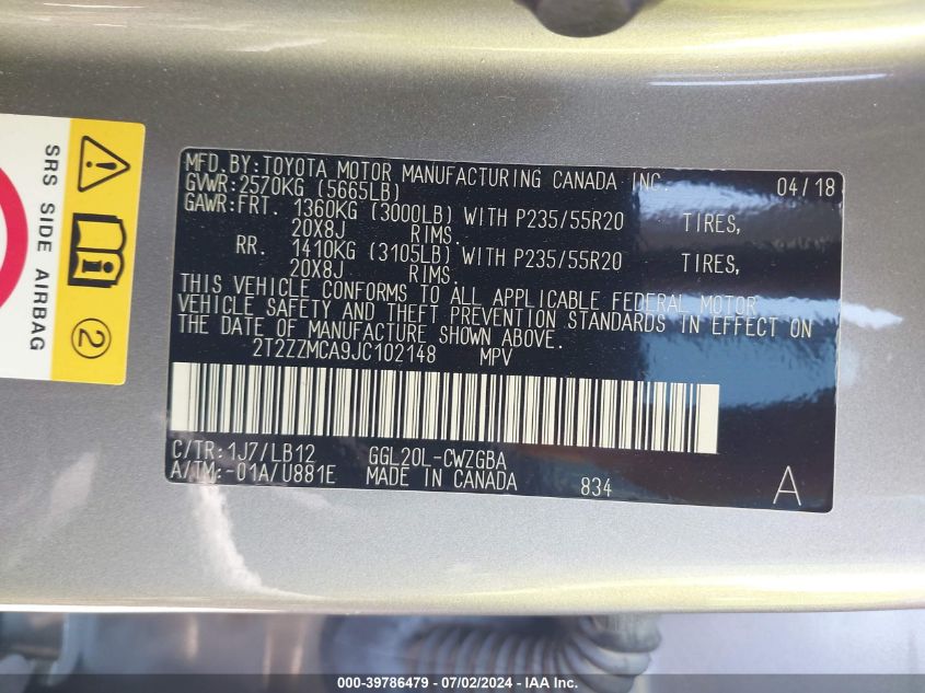 2018 Lexus Rx 350 VIN: 2T2ZZMCA9JC102148 Lot: 39786479