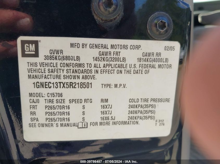 2005 Chevrolet Tahoe Ls VIN: 1GNEC13TX5R218501 Lot: 39786487