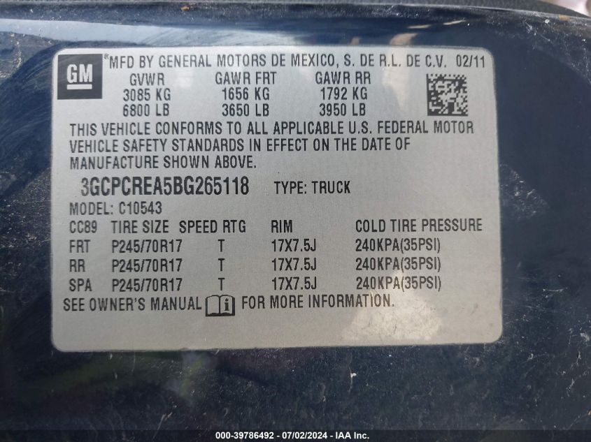 2011 Chevrolet Silverado C1500 Ls VIN: 3GCPCREA5BG265118 Lot: 39786492
