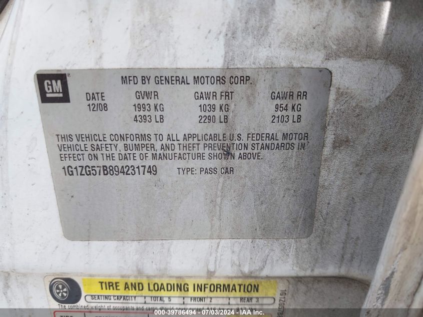 2009 Chevrolet Malibu Ls VIN: 1G1ZG57B894231749 Lot: 39786494