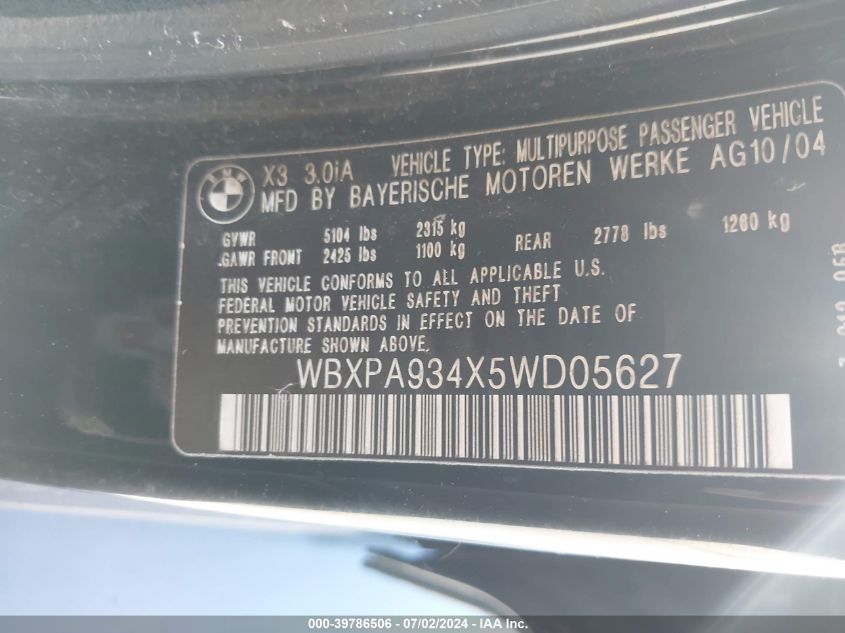 2005 BMW X3 3.0I VIN: WBXPA934X5WD05627 Lot: 39786506