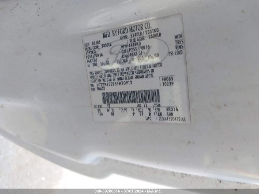 2005 Ford Ranger Edge/Xl/Xlt VIN: 1FTZR15E95PA70912 Lot: 39786516