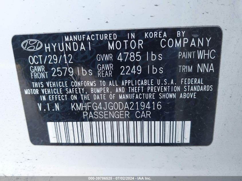 2013 Hyundai Azera VIN: KMHFG4JG0DA219416 Lot: 39786525