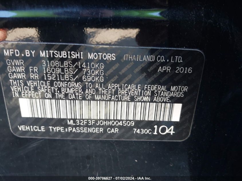 ML32F3FJ0HH004509 2017 Mitsubishi Mirage G4 Es