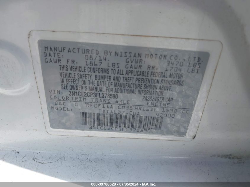 2015 Nissan Versa Note S (Sr)/S Plus/Sl/Sr/Sv VIN: 3N1CE2CP3FL378590 Lot: 39786528