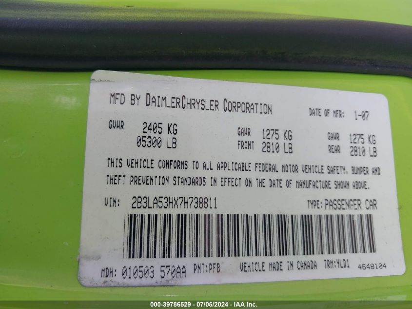2007 Dodge Charger Rt VIN: 2B3LA53HX7H738811 Lot: 39786529