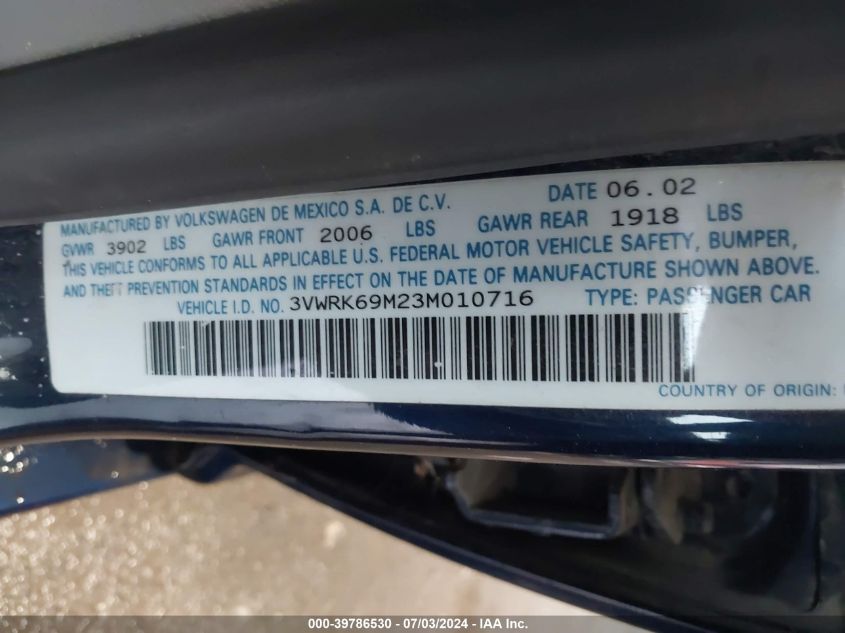 2003 Volkswagen Jetta Gl VIN: 3VWRK69M23M010716 Lot: 39786530