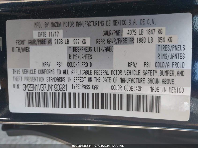 2018 MAZDA MAZDA3 TOURING - 3MZBN1V37JM190281