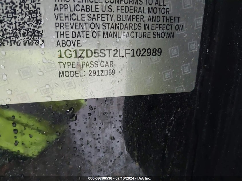 2020 Chevrolet Malibu Fwd Lt VIN: 1G1ZD5ST2LF102989 Lot: 39786536