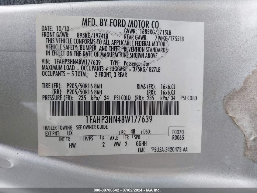 2011 Ford Focus Sel VIN: 1FAHP3HN4BW177639 Lot: 39786542